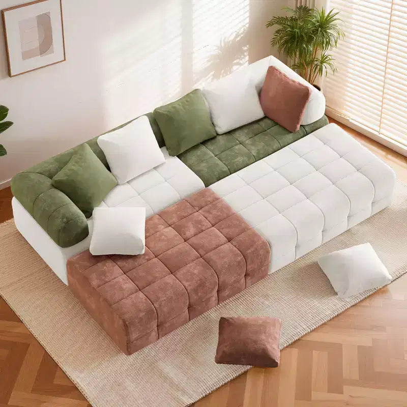 280 cm breites, modulares 4-Sitzer-Sofa aus Chenille im Colorblock-Design mit geschwungenen Armlehnen