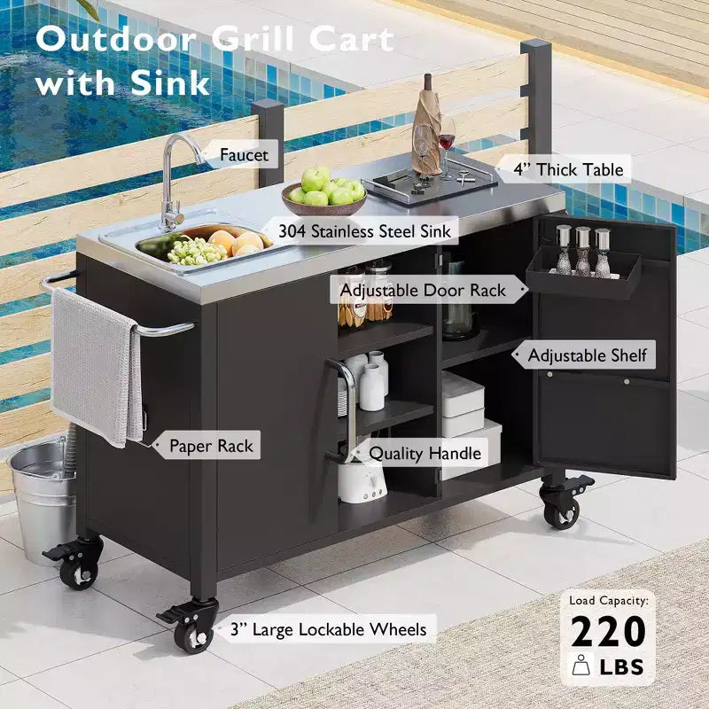 55,5 Zoll Outdoor-Kücheninsel mit Spüle, Edelstahl-Vorbereitungstisch mit Gewürzregal und feststellbaren Rollen, Grillwagenstation, Schwarz – ModernLuxe