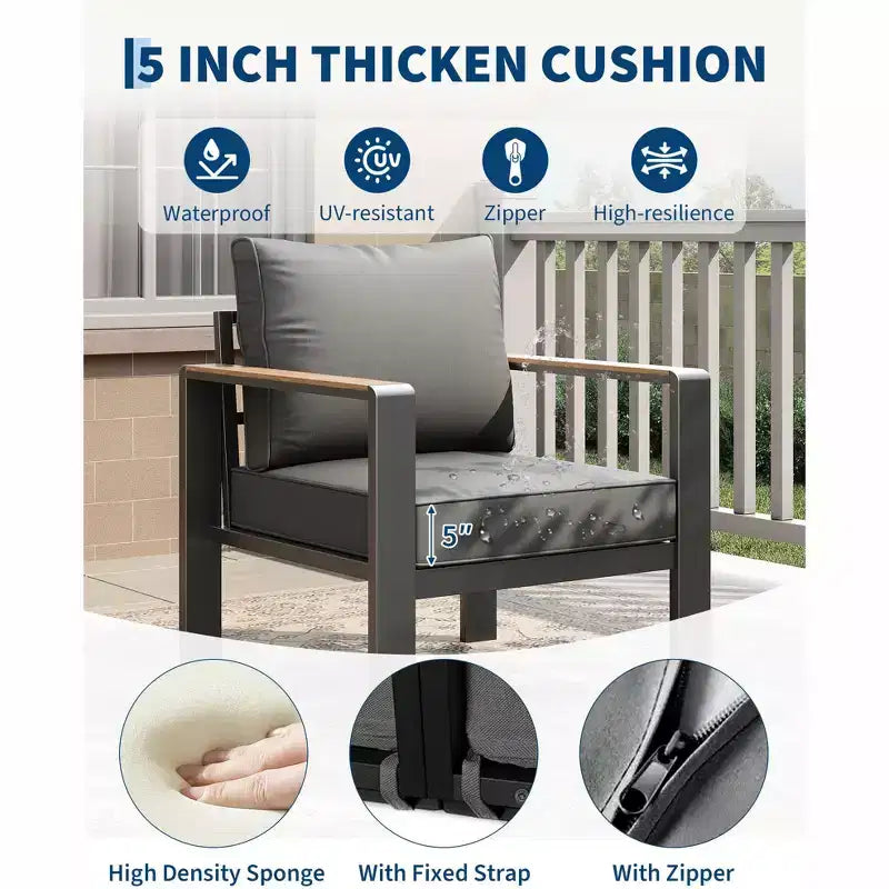 Aluminium-Terrassenmöbel-Set, Outdoor-Ecksofa mit 5 dicken Kissen, 4 Armlehnen & Couchtisch für Garten, Terrasse, Hinterhof
