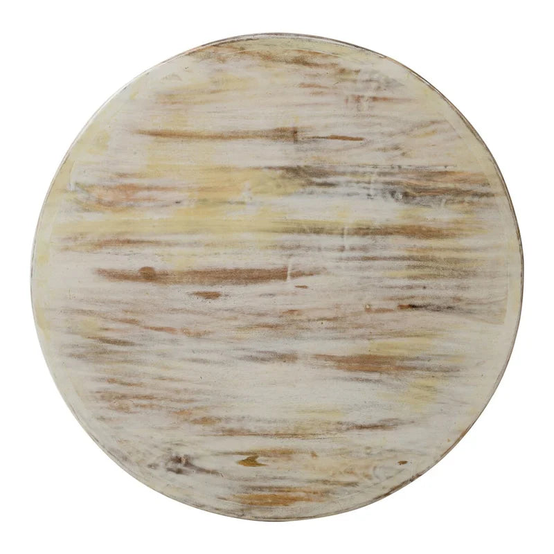 Alina Couchtisch, handgefertigt aus Mangoholz, florales Schnitzmuster, ausgeschnittenes Design, Used-Look in Weiß, 84 cm