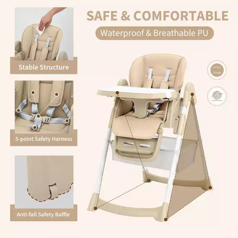 Zusammenklappbarer Hochstuhl für Babys und Kleinkinder, Hochstuhl aus PU-Leder mit verstellbarer Rückenlehne und Sitzhöhe, abnehmbarem Tablett, 5-Punkt-Sicherheitsgurt und feststellbaren Rollen