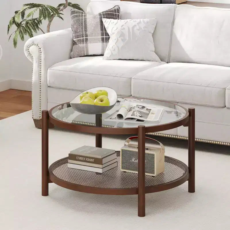 Runder Couchtisch, 31 Zoll, mit Tischplatte aus gehärtetem Glas und Rattangefacht