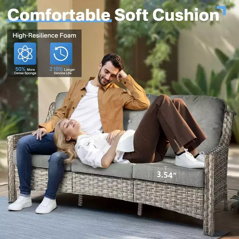 HOMLUX 6-teiliges Terrassen-Loungeset aus Polyrattan mit 3-Sitzer-Sofa und Polstern, Rattanstühlen, Hockern und Couchtisch