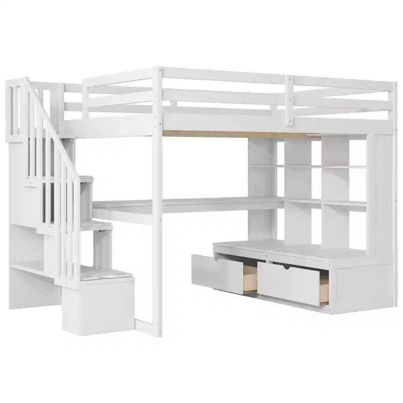 Full-Size-Hochbett mit Treppe und Schreibtisch, Hochbettgestell aus Holz mit Staufächern und Bücherregalen für Erwachsene, Teenager und Kinder