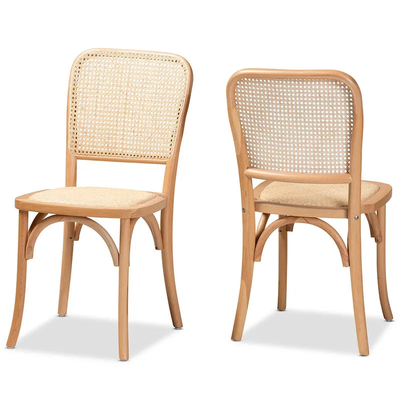 Neah Mid-Century Modern 2er-Set Esszimmerstühle aus geflochtenem Rattan und Holz