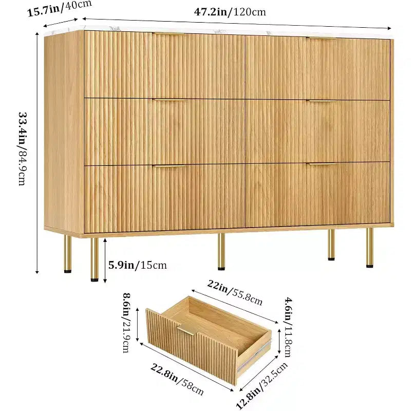 COZONY 6-Schubladen-Kommode mit geriffeltem Design, moderner Holz-Aufbewahrungsschrank, breite Schubladenkommode für Schlafzimmer, Wohnzimmer und Eingangsbereich