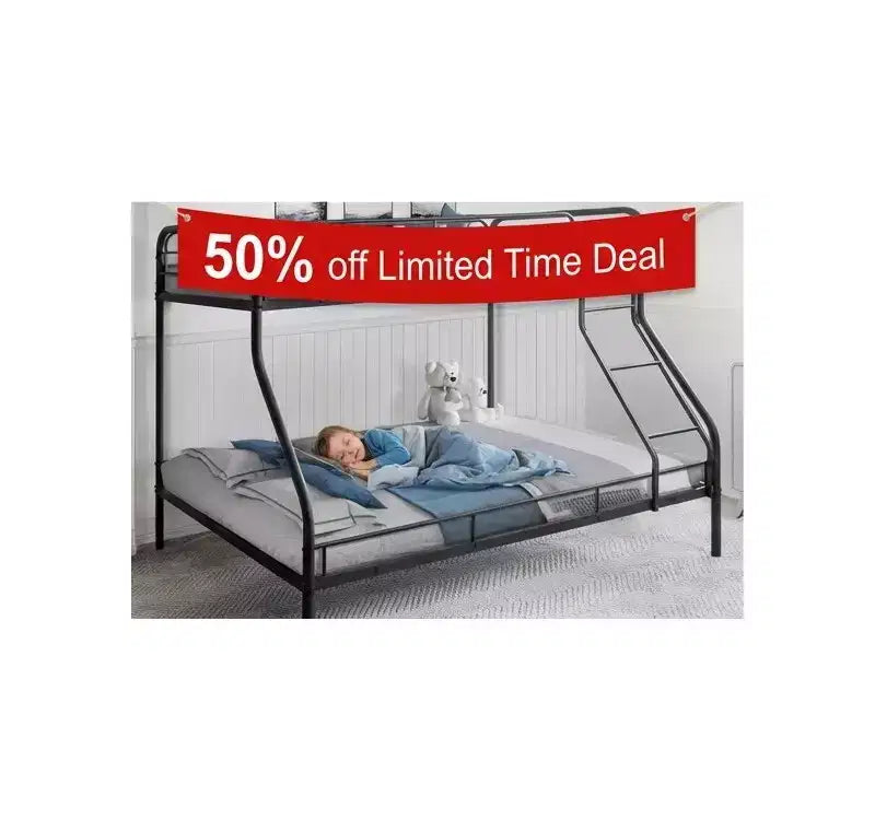 Vollmetall-Etagenbett mit niedrigem Sicherheitsdesign, Absturzsicherung, schräger Leiter und Stauraum unter dem Bett