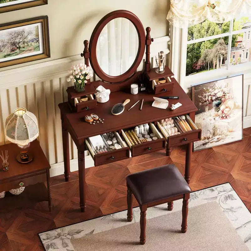 Okak Vintage Holzkosmetiktisch mit verstellbarem Spiegel, Schminktisch mit 5 Schubladen und gepolstertem Hocker, Frisiertisch für das Schlafzimmer