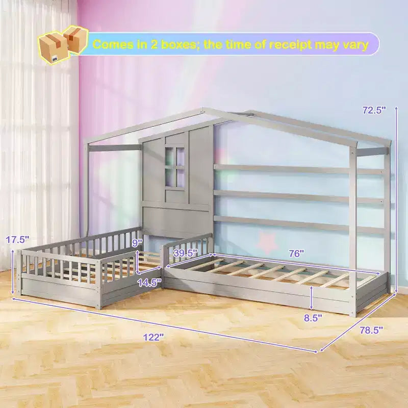 L-förmiges Etagenbett-Set mit Haus-Design, Fenster und Zäunen – Grau/Weiß