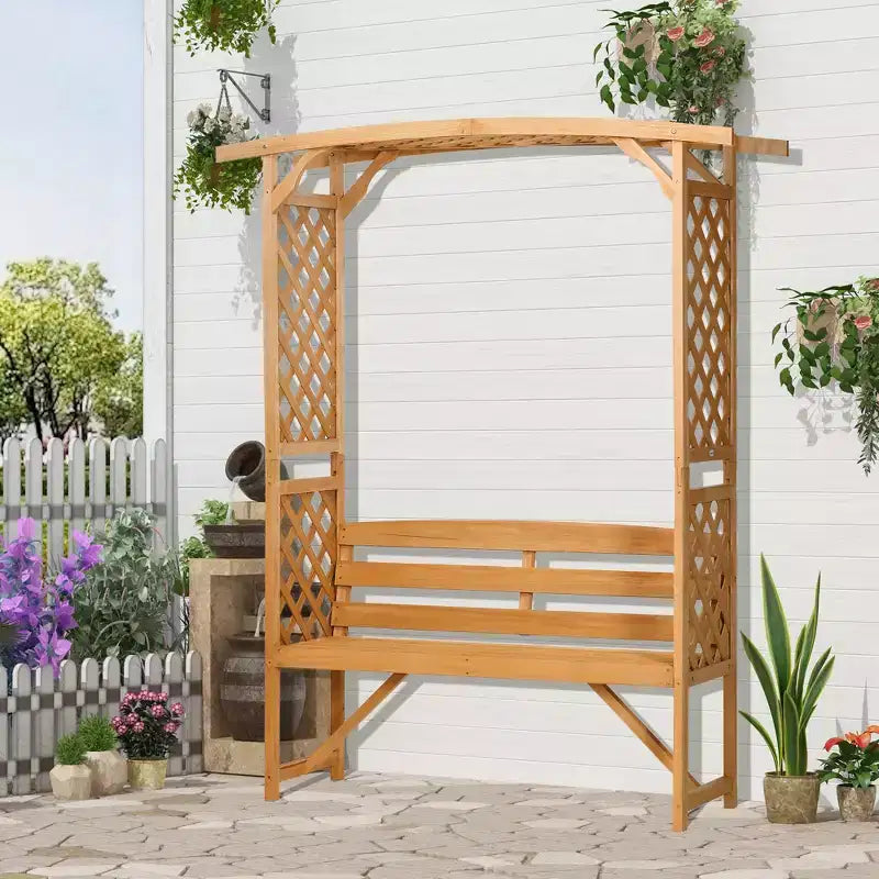 Outsunny Gartenbank mit Pergola-Bogen und 2 Rankgittern, 3-Sitzer Gartenbank aus Holz für Kletterpflanzen und Weinreben