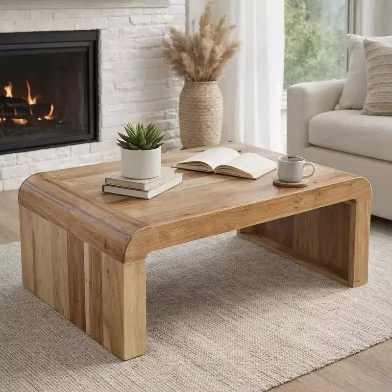 Royal Hampton Couchtisch, handgefertigt aus natürlichem Akazienholz, rechteckig, abgerundete Wasserfall-Tischplatte, 91 cm