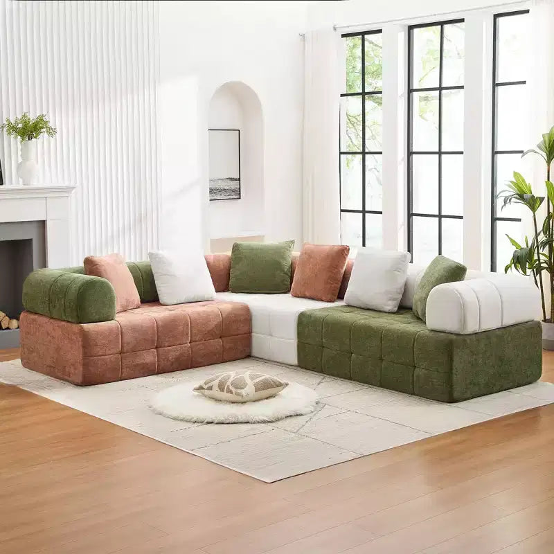 280 cm breites, modulares 4-Sitzer-Sofa aus Chenille im Colorblock-Design mit geschwungenen Armlehnen