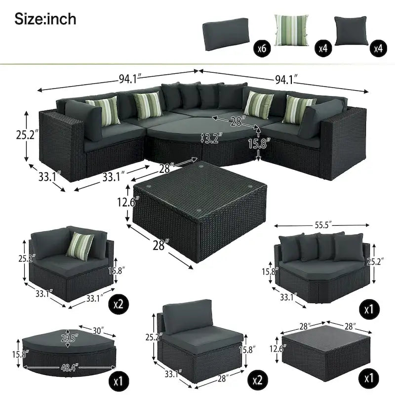 Modernes 7-teiliges Outdoor-Sofa-Set aus Korbgeflecht mit Couchtisch, Auflagen und gestreiften Kissen, geeignet für Terrasse, Garten und Veranda