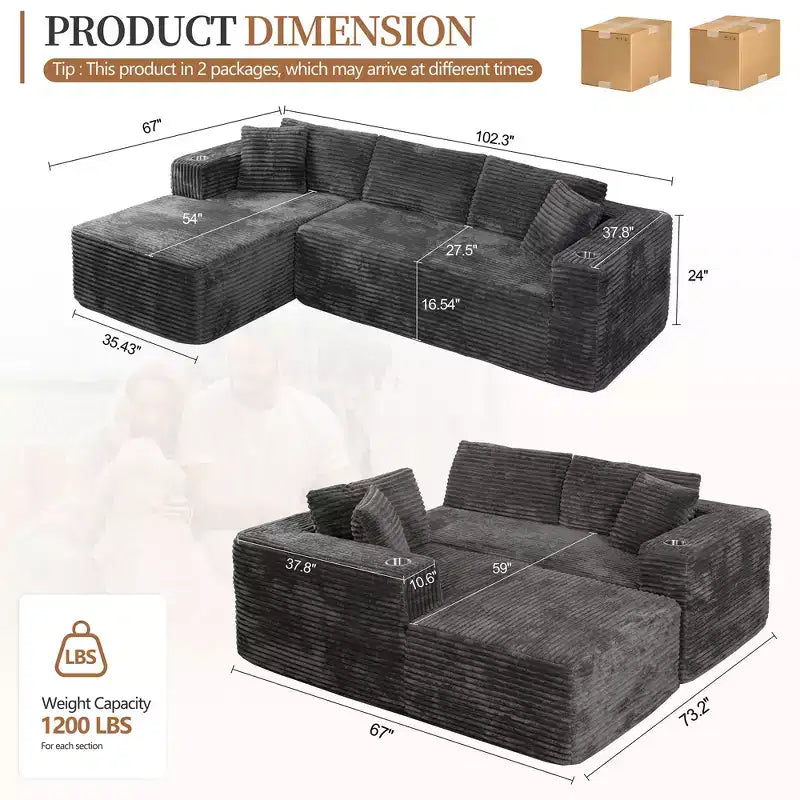 Celebalcony 103 modulares, rahmenloses Ecksofa, L-förmige Récamiere mit 2 Getränkehaltern, weiches Cord-Cloud-Sofa für das Wohnzimmer, keine Montage erforderlich
