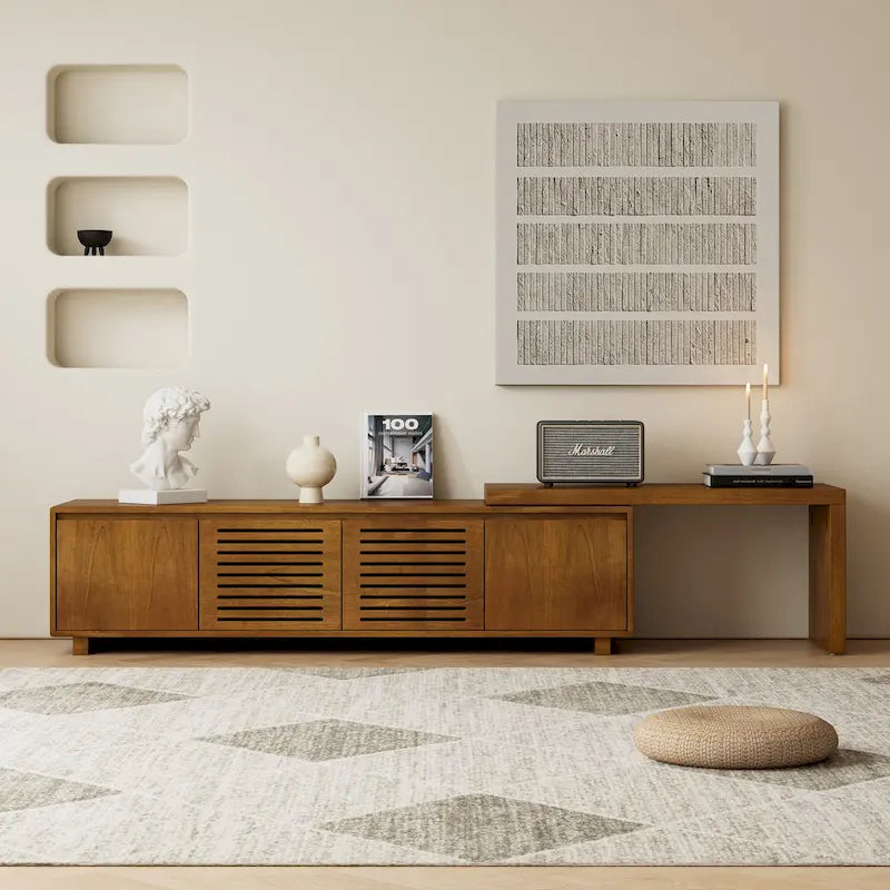 Erweiterbarer Mid-Century TV-Schrank mit 4 Staufächern und Lochtür für Wohnzimmer-Entertainment-Center