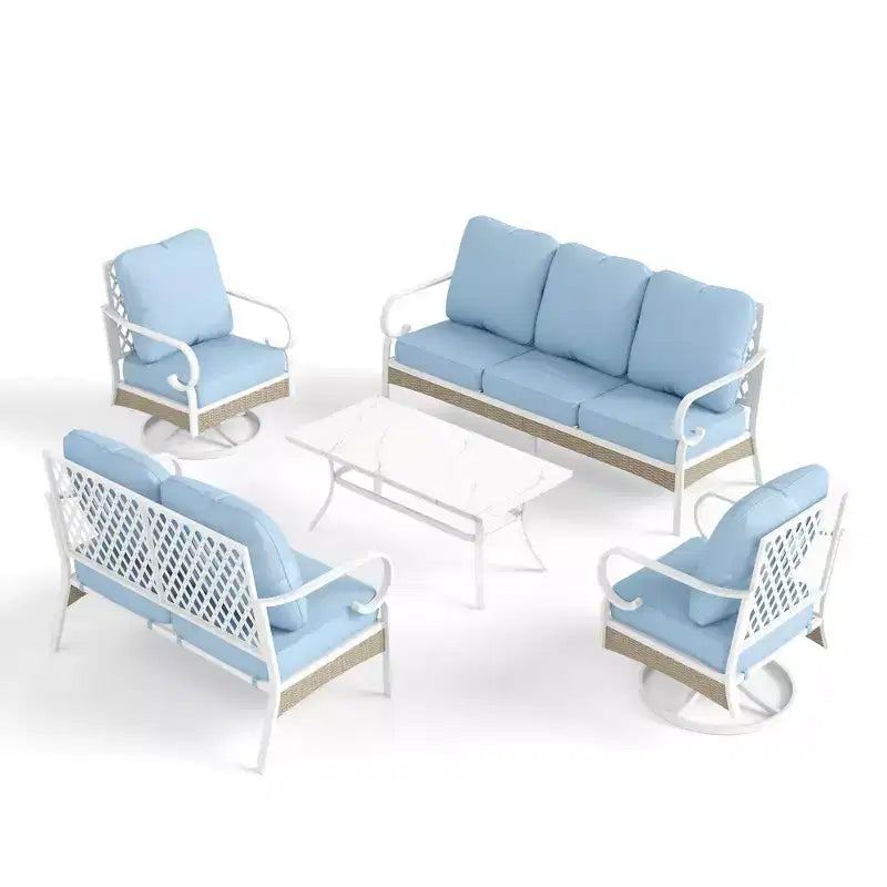 Captiva Designs 5-teiliges extra großes Outdoor-Lounge-Set aus Metall und Rattan mit drehbaren Sesseln mit Gitterrückenlehne und 2-Sitzer-Sofa