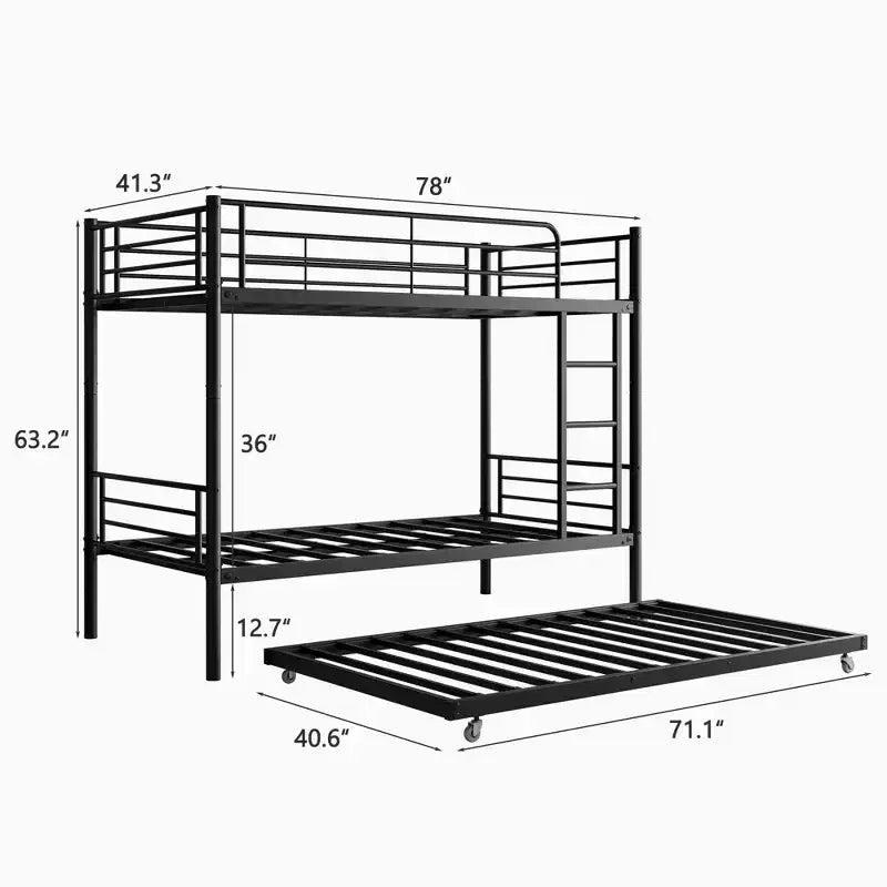 MAYEERTY Etagenbett aus schwarzem Metall in Twin-Size mit Bettkasten, Leiter, durchgehender Absturzsicherung, geräuscharm, ohne Boxspringbett erforderlich