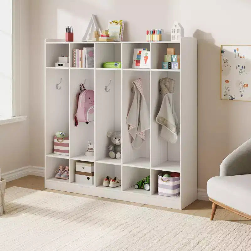 Garderoben-Organizer für Kinder mit 10 Fächern & Haken, 5-teiliges Aufbewahrungssystem für Klassenzimmer, Kinderzimmer, Flur oder Spielzimmer, Eiche Natur