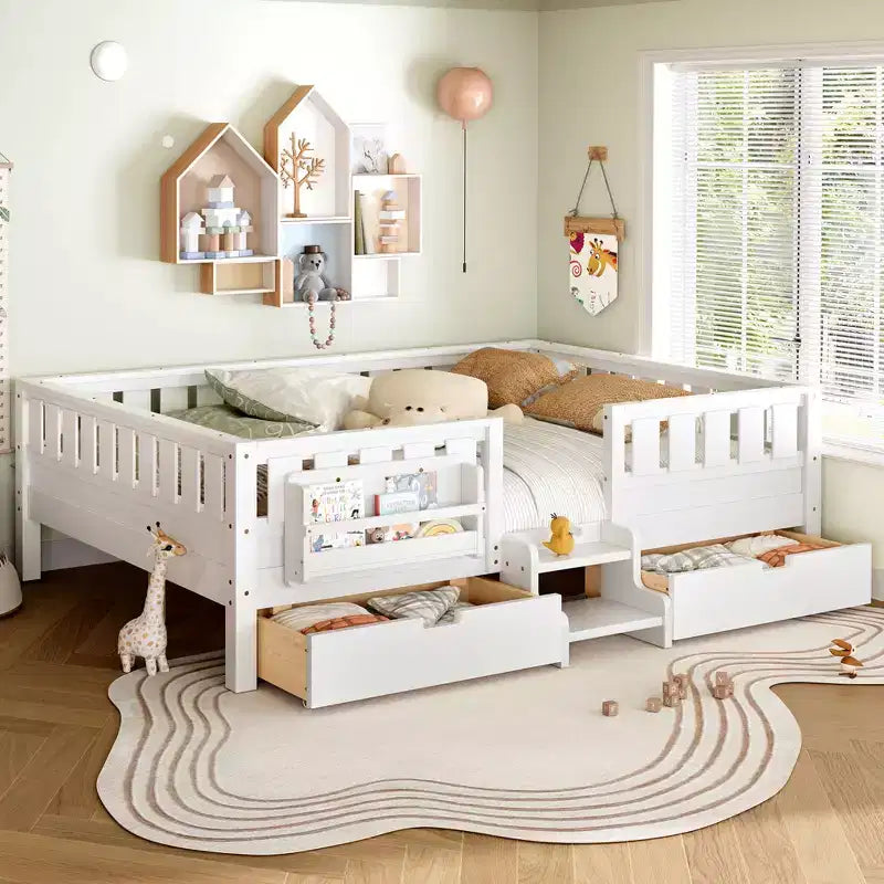 Bellemave Queen-Size-Kleinkindbett mit 14 Sicherheitsgeländern, platzsparender Bettrahmen mit integrierten Bücherregalen & 2 Schubladen unter dem Bett
