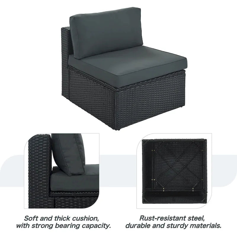 Modernes 7-teiliges Outdoor-Sofa-Set aus Korbgeflecht mit Couchtisch, Auflagen und gestreiften Kissen, geeignet für Terrasse, Garten und Veranda
