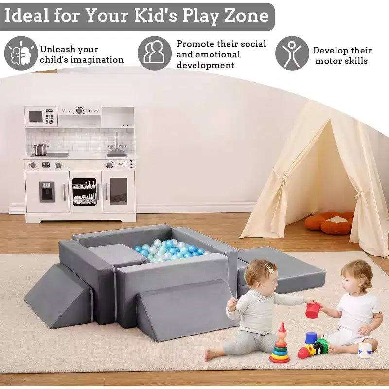 Indoor-Klettersofa, 12-teilige modulare Spielcouch mit quadratischem Bällebad & Kletterrampe, Kissen-Spielset