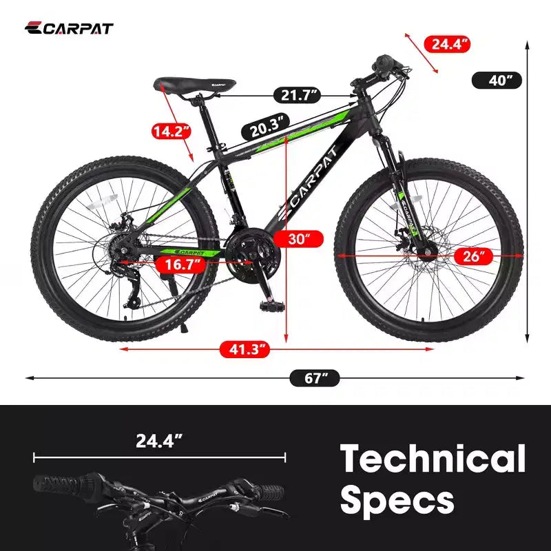 Okak 26 Zoll Mountainbike mit 21 Gängen und Scheibenbremsen, Kinder-Dirtbike mit Rahmen aus kohlenstoffreichem Stahl, Herrenfahrrad für Erwachsene & Jugendliche