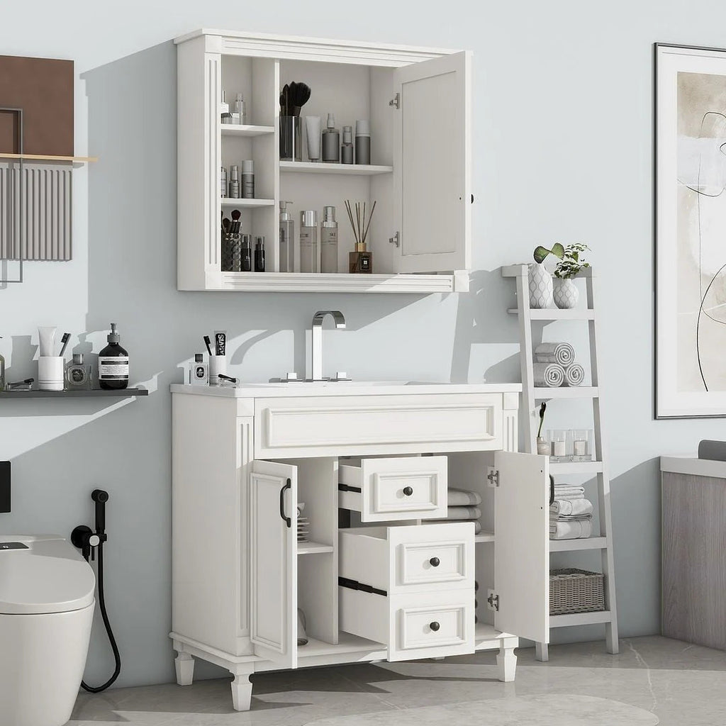 36" Moderner Badezimmer-Waschtisch mit Aufsatzwaschbecken und Spiegelschrank, 2 Türen und 2 Schubladen