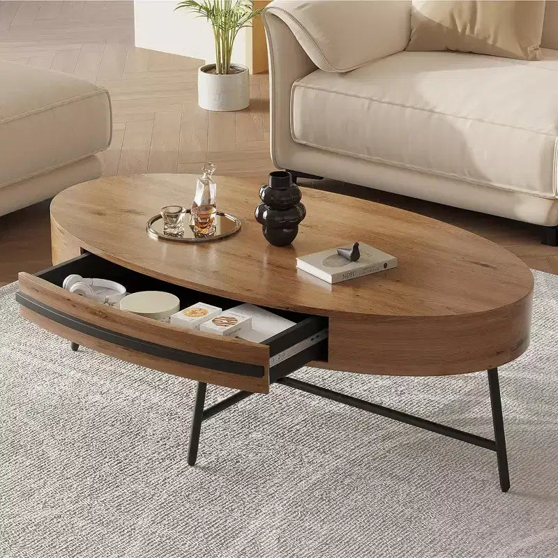 Ovaler Couchtisch mit Schublade, Mid-Century Modern Wohnzimmertisch 120 cm, Holztisch mit Stauraum und gekreuzten Metallbeinen, geschwungenes Design