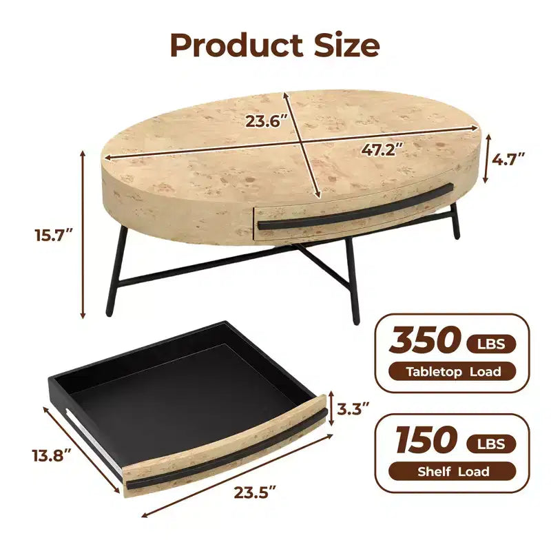 Ovaler Couchtisch mit Schublade, Mid-Century Modern Wohnzimmertisch 120 cm, Holztisch mit Stauraum und gekreuzten Metallbeinen, geschwungenes Design