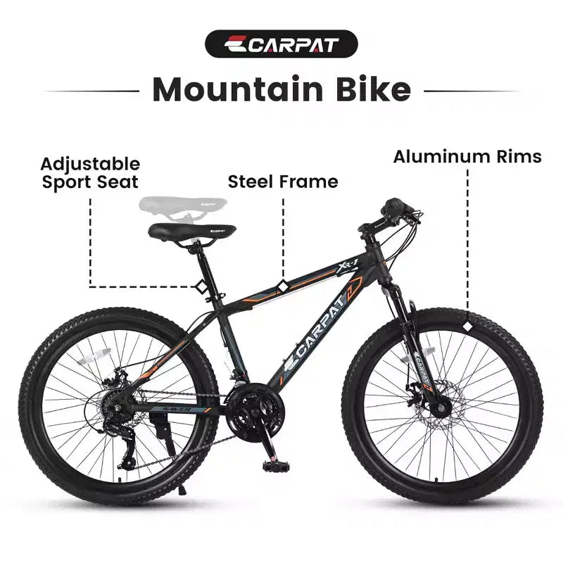 Okak 24 Zoll Mountainbike mit Stahlrahmen, Kinderfahrrad mit Shimano 21-Gang-Schaltung, doppelten Scheibenbremsen und Vordergabel-Federung, Fahrrad für Jugendliche