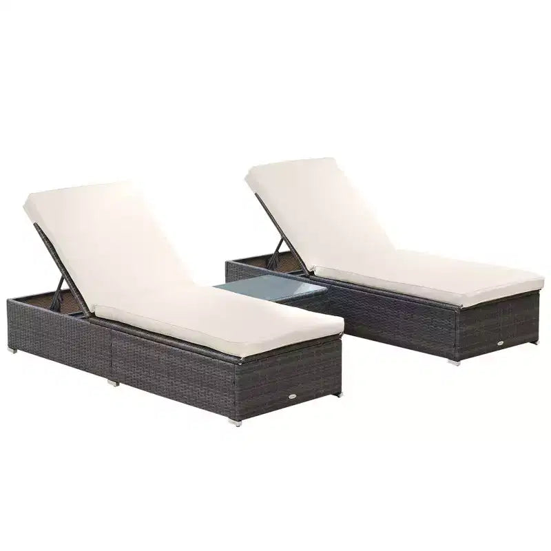 Set aus 2 Sonnenliegen mit 5-fach verstellbarer Rückenlehne, Outdoor-Couchtisch, wasserabweisenden Polstern und PE-Rattan-Geflecht für den Poolbereich