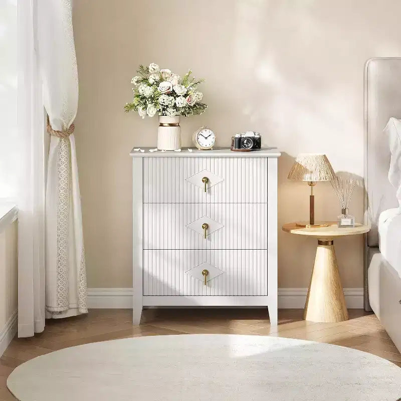 2 Stück geriffelte Holz-Nachttische, 27,5 breit, 3-Schubladen-Kommoden-Set, moderne Beistelltische, Schubladenschrank für Schlafzimmer und Wohnzimmer