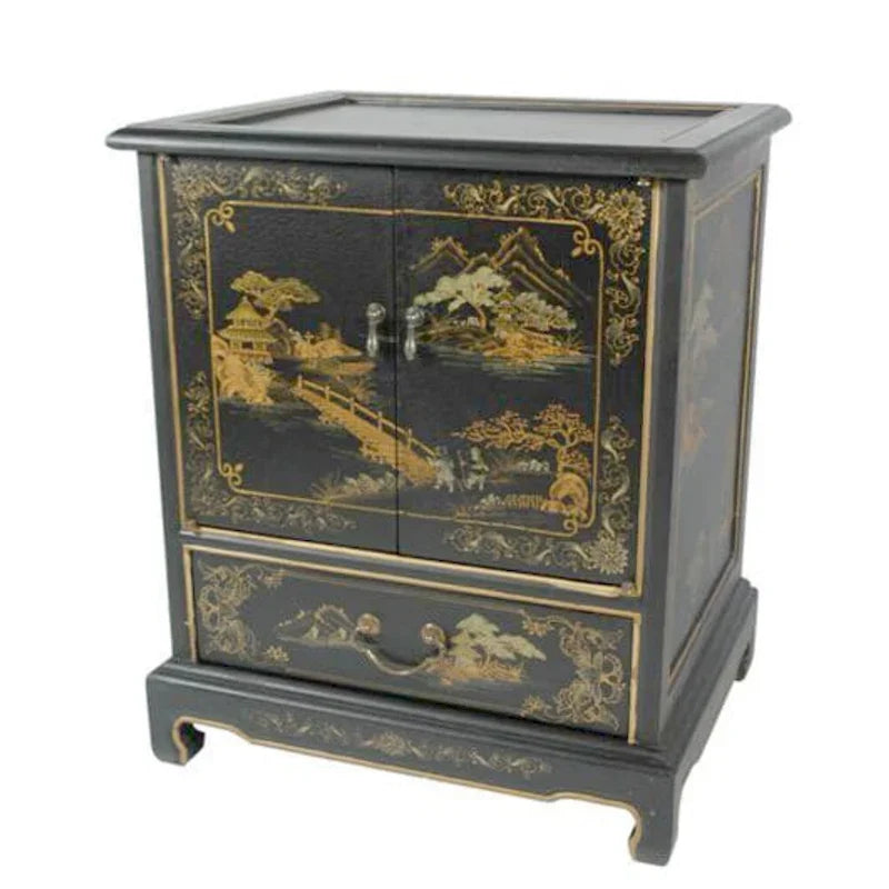 Handgefertigter Beistelltisch mit lackierter chinesischer Landschaftsmalerei im Vintage-Stil – 20,00 B x 16,00 T x 24,50 H
