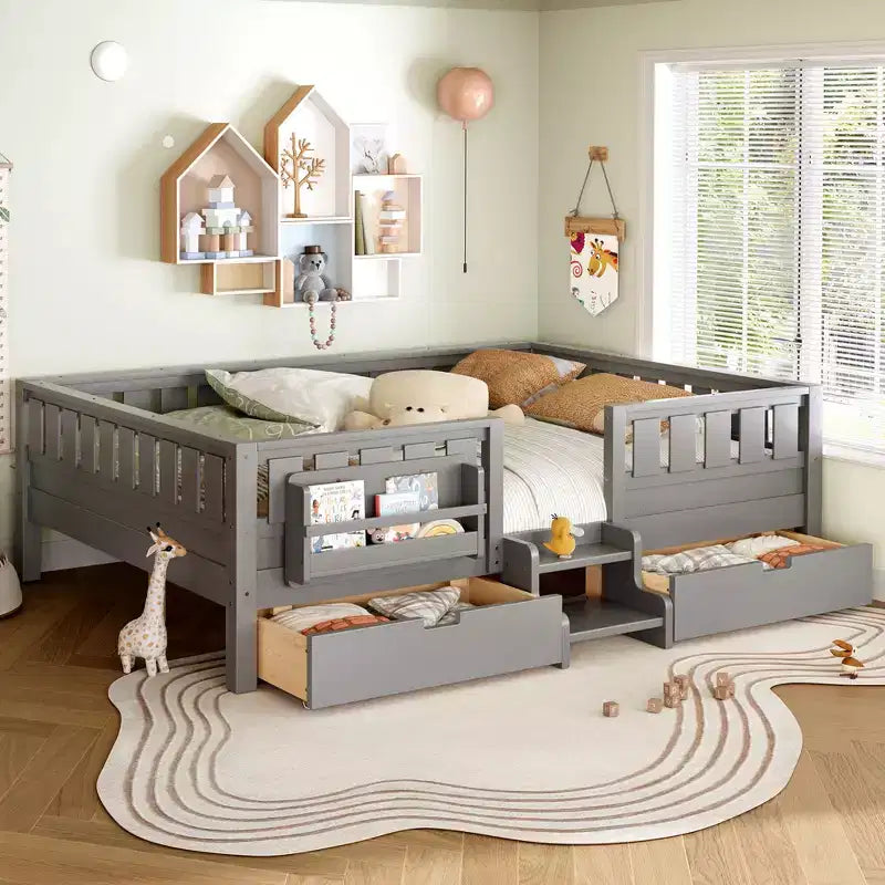 Bellemave Queen-Size-Kleinkindbett mit 14 Sicherheitsgeländern, platzsparender Bettrahmen mit integrierten Bücherregalen & 2 Schubladen unter dem Bett