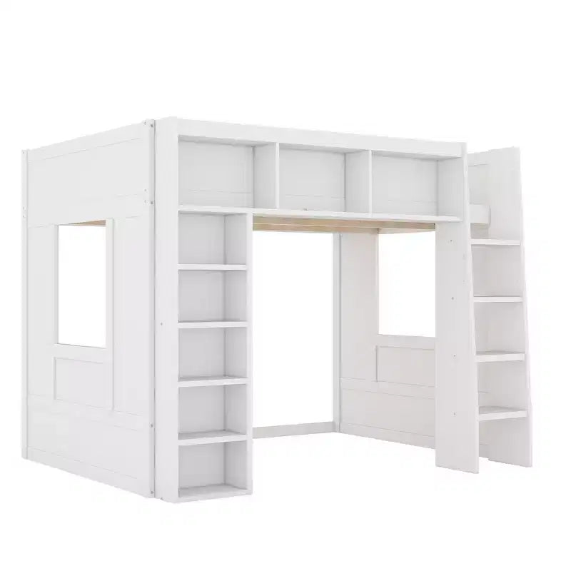 Whisen Queen-Size-Hochbettgestell aus Holz mit Aufbewahrungsschränken und Regalen