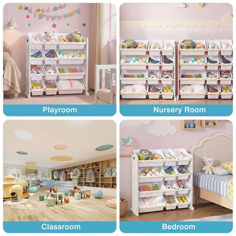 VECELO Kinder-Bücherregal mit Spielzeugaufbewahrung und 12 Körben, Spielzeugregal aus Holz für Kleinkinder, geräumige Spielzimmeraufbewahrung für Bücher oder Spielzeug