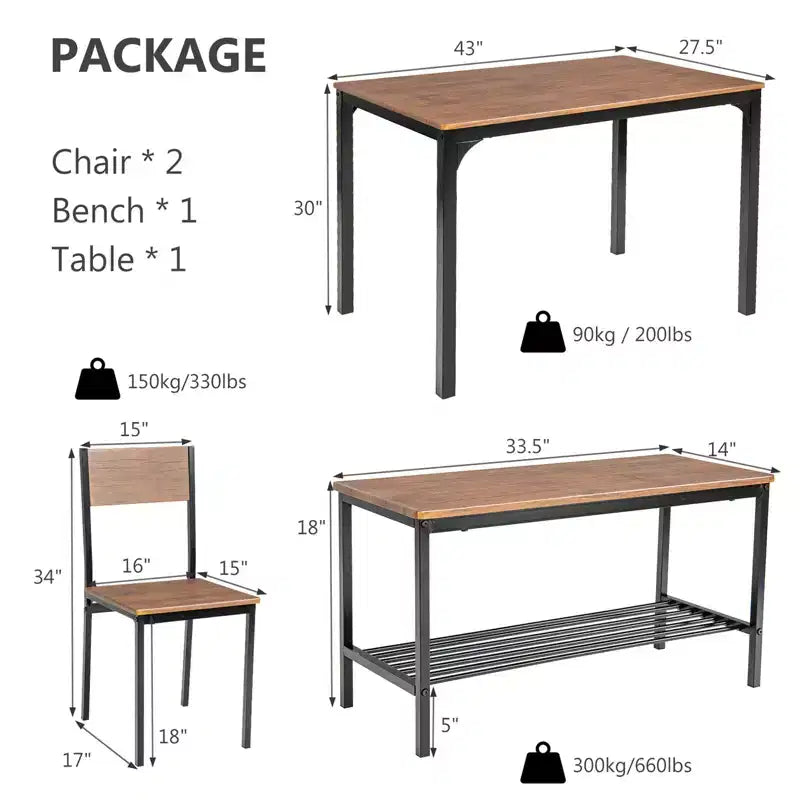 Costway 4-teiliges Esszimmertisch-Set, rustikaler Tisch, 2 Stühle & Bank mit Ablagefach