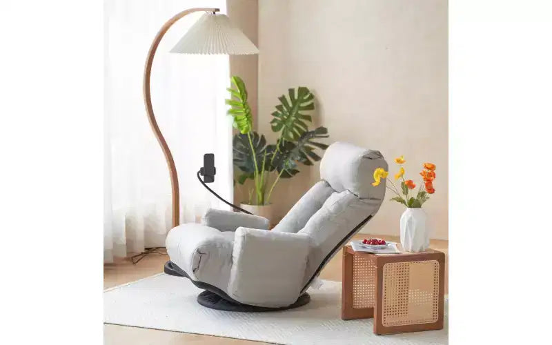Gaming-Bodenstuhl, drehbarer Boden-Loungesessel mit Armlehnen & Handyhalterung, klappbarer Gaming-Loungesessel mit 5-stufiger Verstellbarkeit