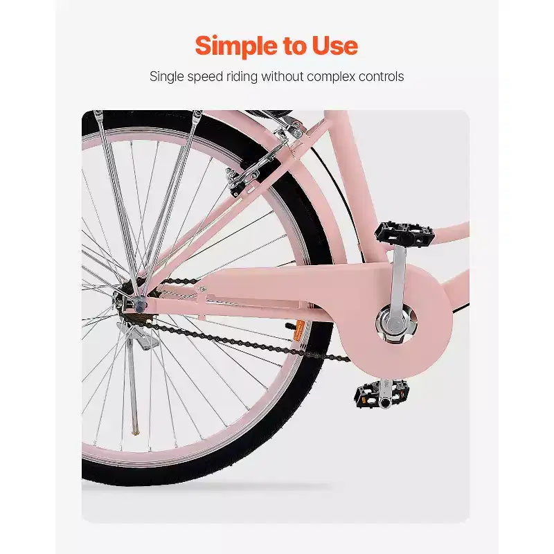 VEVOR Beachcruiser, 1-Gang, 26-Zoll Damen-Fahrrad in Pink mit großem Korb und Gepäckträger, sicheres und stabiles Citybike, Pink