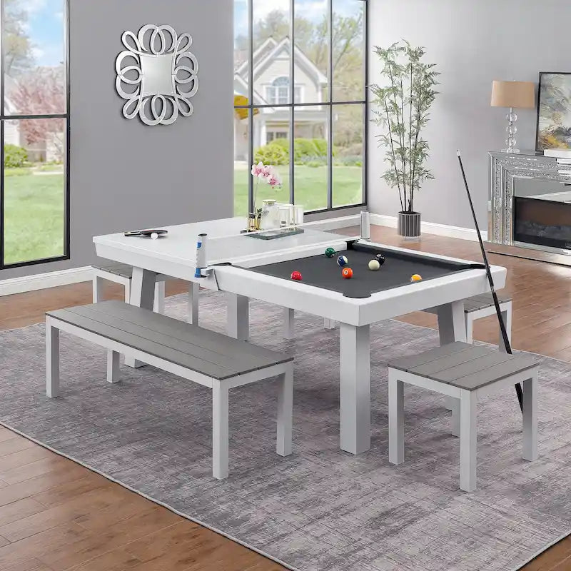 Norwalk Indoor/Outdoor 7-Fuß-Billardtisch in Schieferoptik, Esstischgarnitur für 6 Personen mit 4 Bänken und Zubehör, weißes Finish