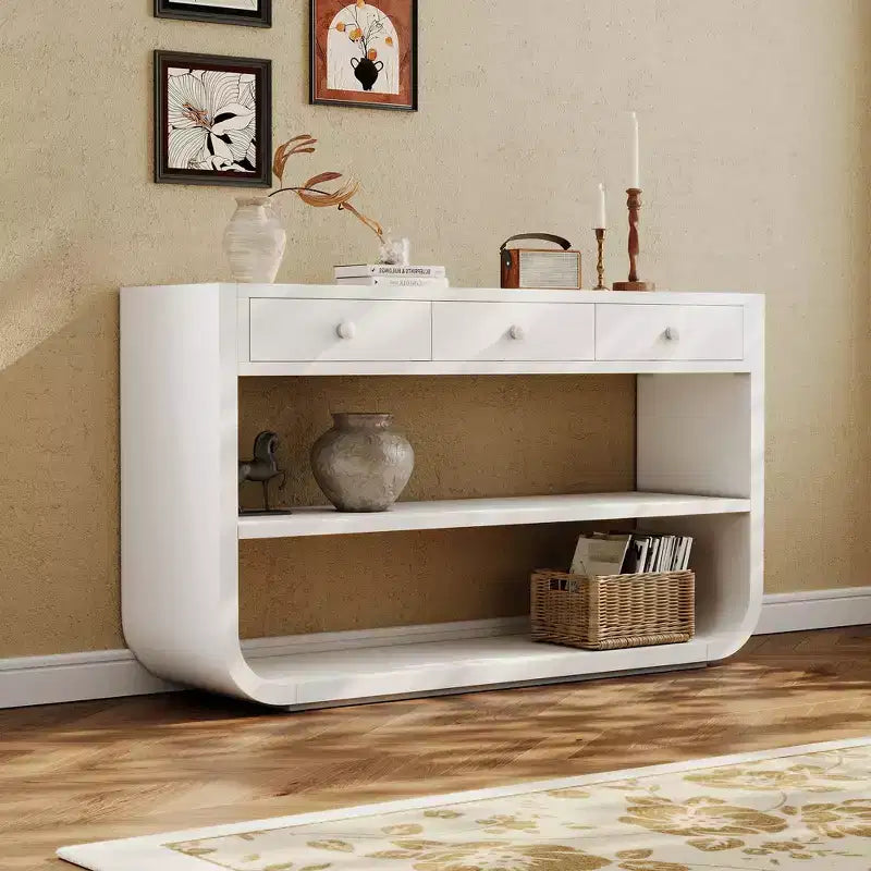 ModernLuxe geschwungener Konsolentisch, Flurtisch, Sofabeistelltisch, Präsentationsständer, Akzenttisch mit 3 Soft-Close-Schubladen & 2 offenen Ablagen