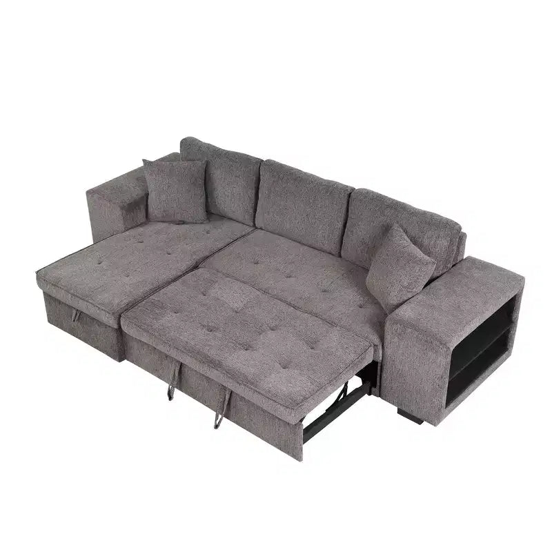104,5 Zoll L-förmige Schlafcouchgarnitur mit Stauraum-Chaiselongue und 2 Hockern – 3-Sitzer-Schlafsofa mit Schlaffunktion für das Wohnzimmer