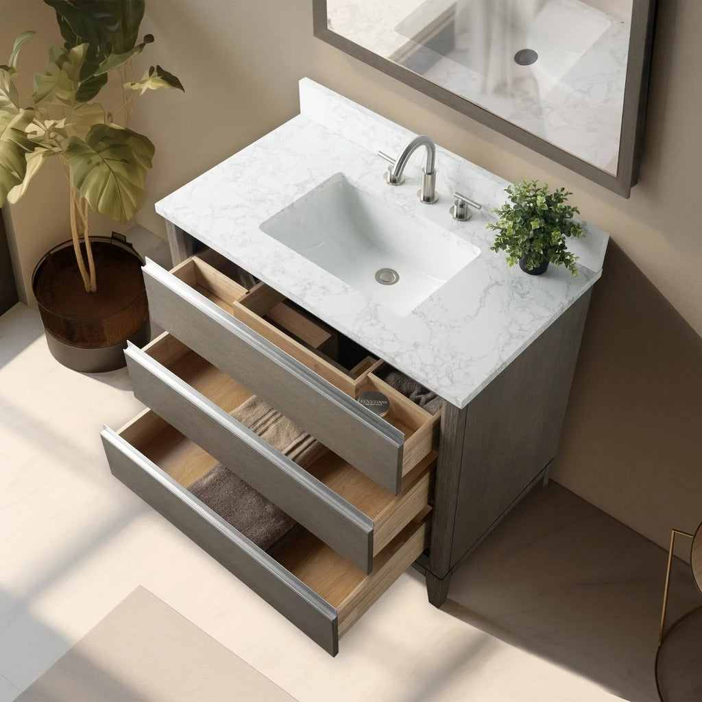 Vanity Art Badezimmerschrank mit Keramikwaschbecken und Platte aus technischem Marmor