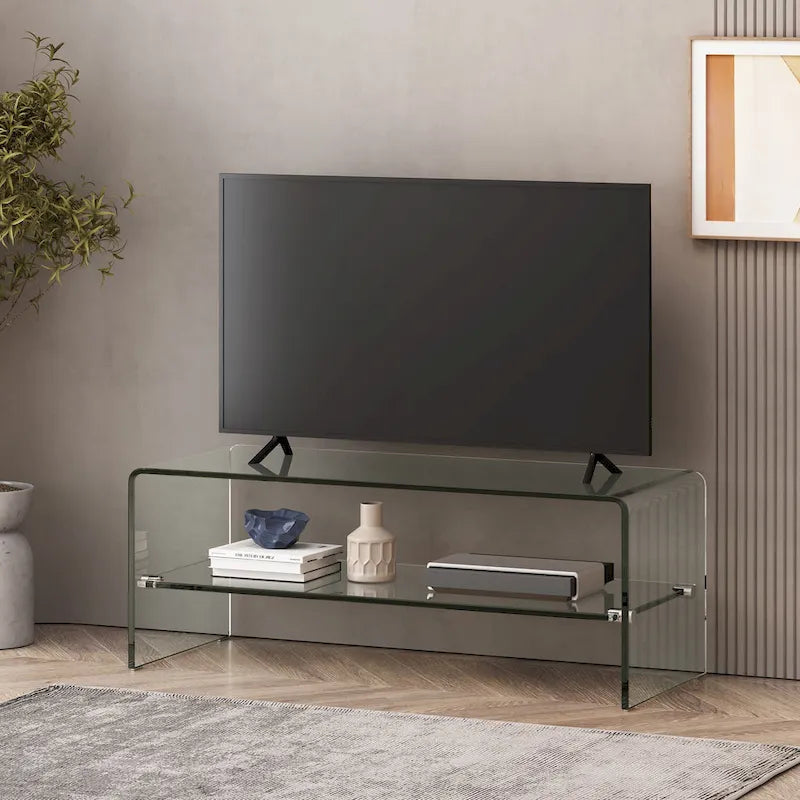 Transparenter TV-Ständer mit offener Rückseite und Glasablage, 39,37 Zoll breit, für Fernseher bis 39 Zoll
