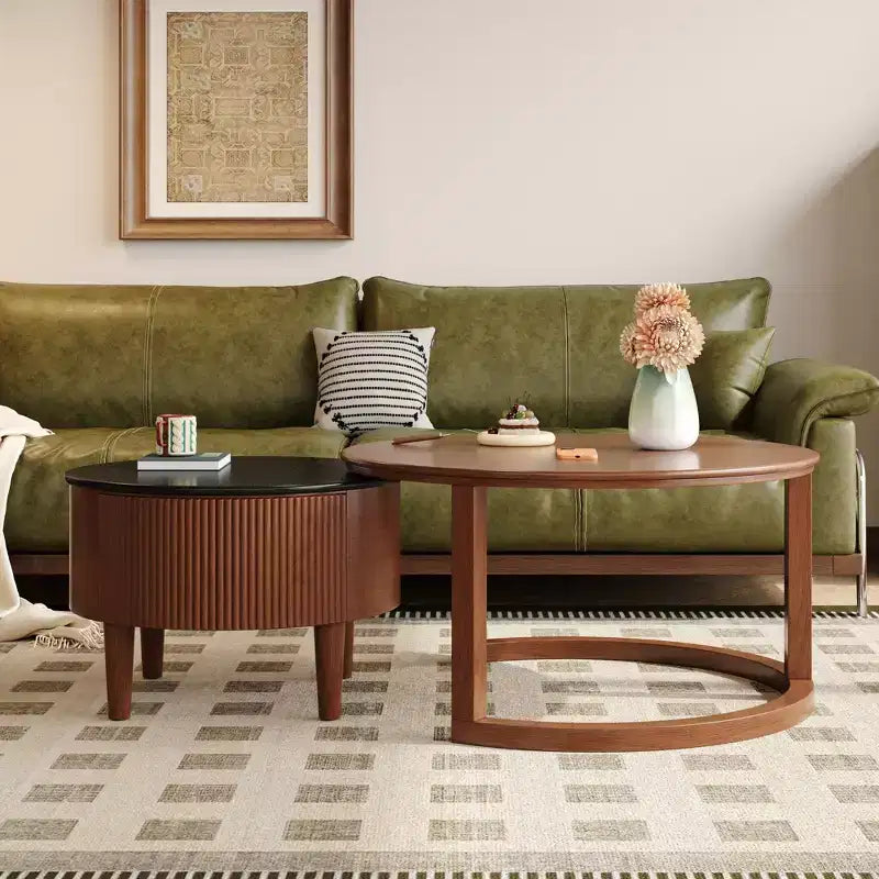 Moderner Couchtisch in Nesting-Bauweise mit Schublade, runder Wohnzimmertisch mit Stauraum