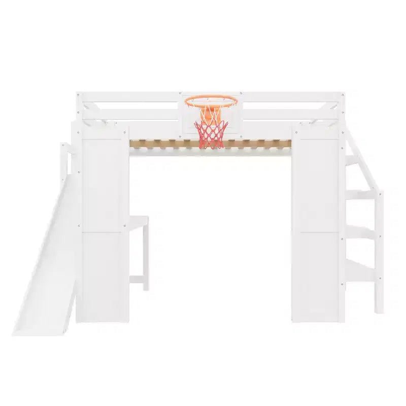 Luxystar Komplettes Hochbett aus Holz mit Schreibtisch, Rutsche, Basketballkorb und Aufbewahrungstreppe für Kinder und Jugendliche