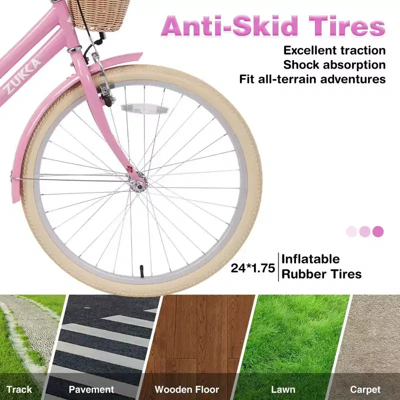 NAYSAYE 24 Zoll Mädchen-Cruiser-Fahrrad, Speed-Hybrid-Citybike für Jugendliche von 7-10+ Jahren mit Weidenkorb & Gepäckträger, Kinderfahrrad