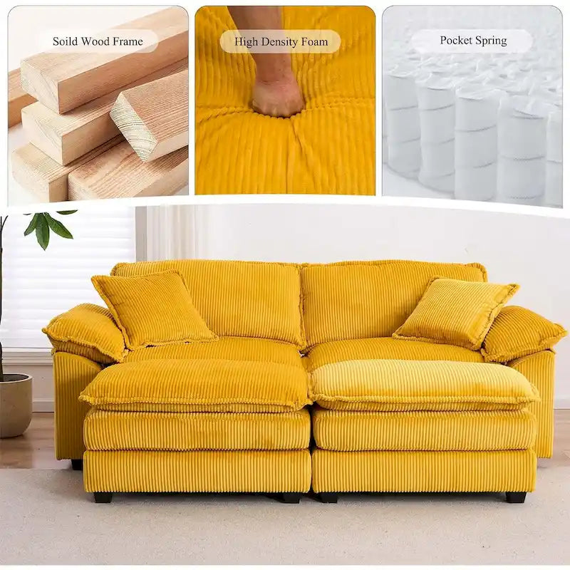 Modernes 2-Sitzer-Sofa aus Cord mit 4 Stützkissen und 2 Hockern