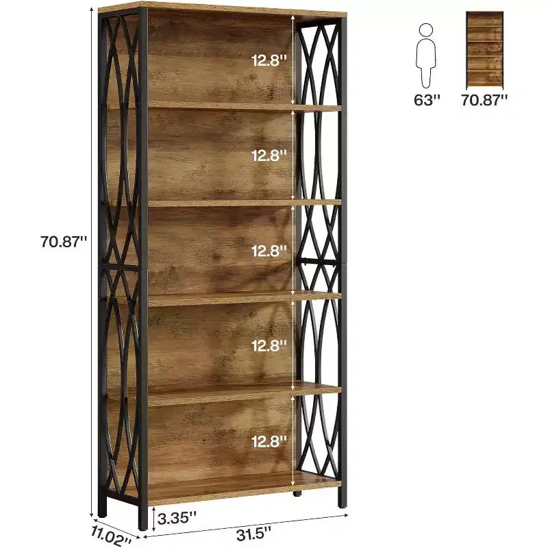 Lantine 70,87 Industrie-Bücherregal, 6-stufiges Regal mit geometrischem Metallrahmen & offenen Ablageflächen für Homeoffice, Wohnzimmer, Braun