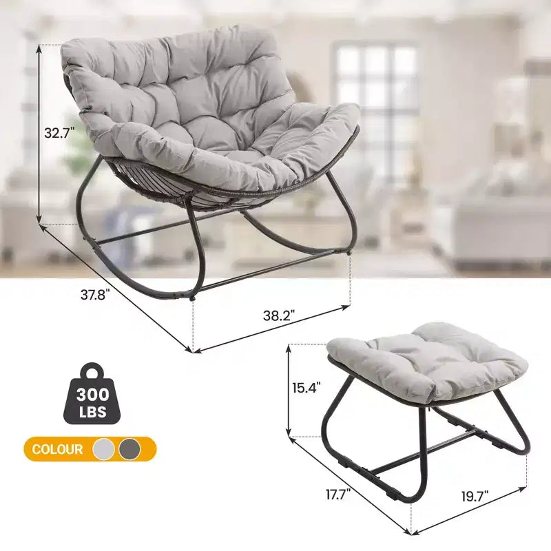 Heynemo Terrassen-Schaukelstuhl mit Hocker, Eiformiger Schaukelstuhl für drinnen und draußen mit Kissen, Überdimensionaler Papasan-Loungesessel aus Metall, Lesesessel